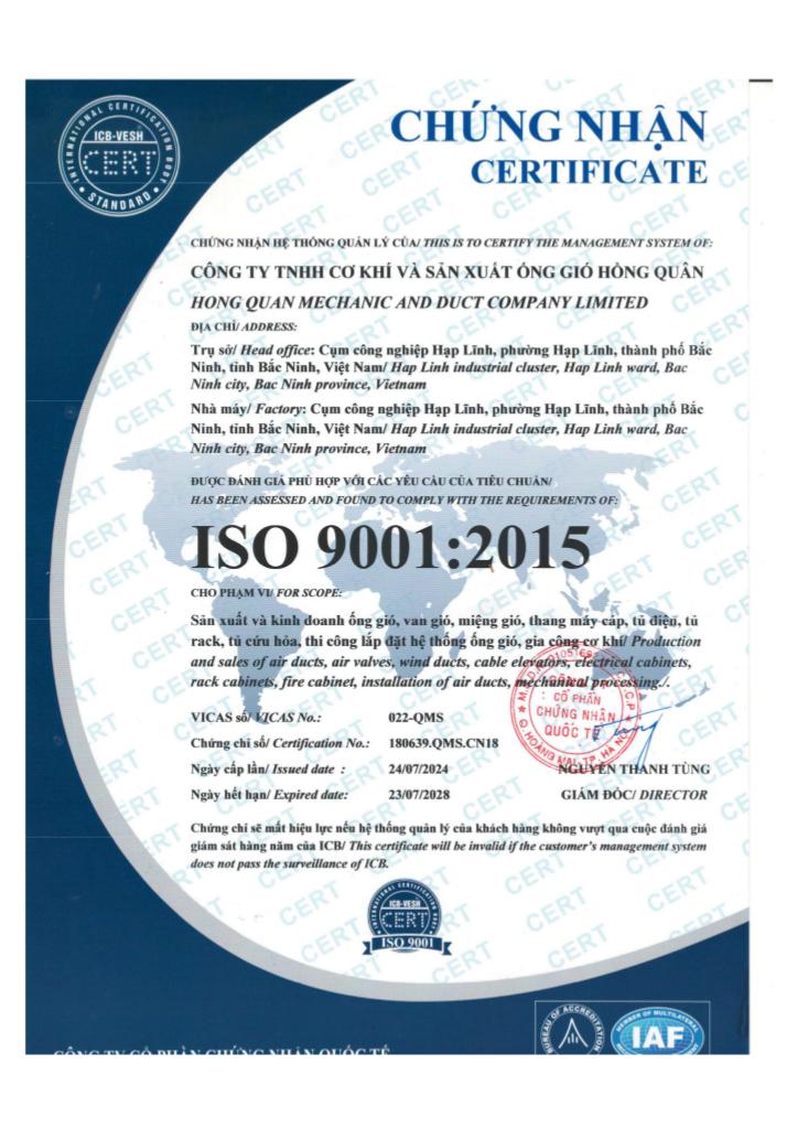 Hồng Quân chính thức đạt chứng nhận ISO 9001:2015